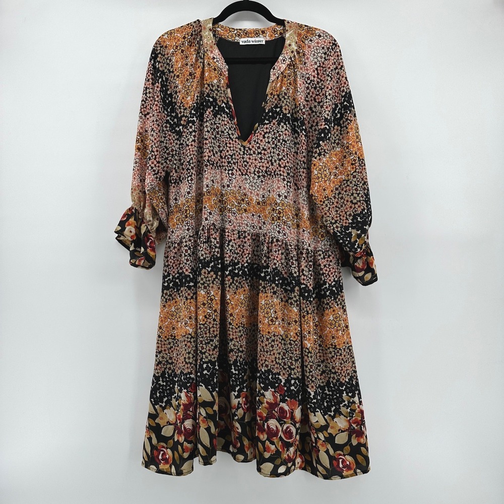 Vada Winter Floral Babydoll Dress V-Neck Tiered Multi-Color Small SD2241A